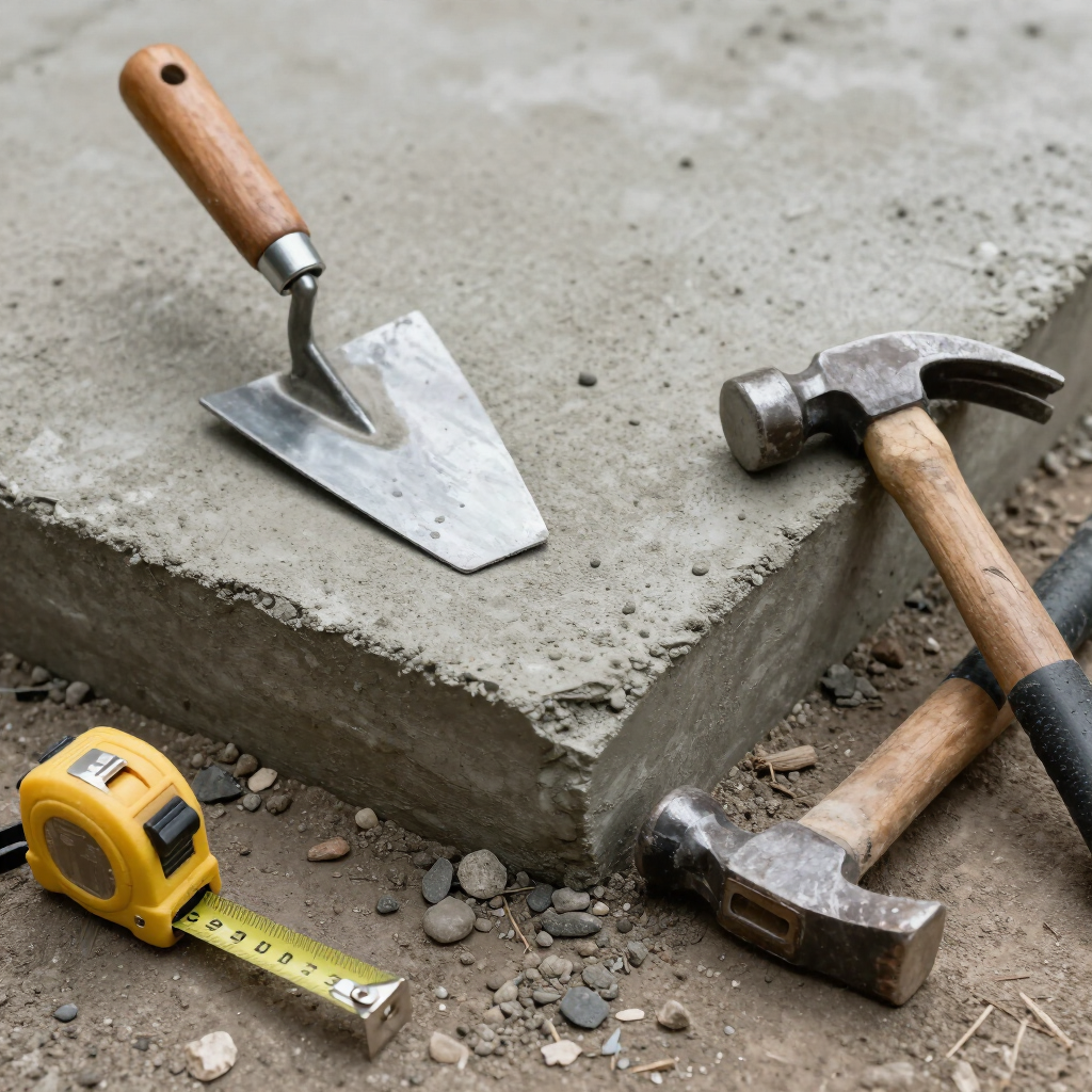 Des outils de maçonnerie et un mètre ruban près du bord d'une dalle de béton fraîchement coupée