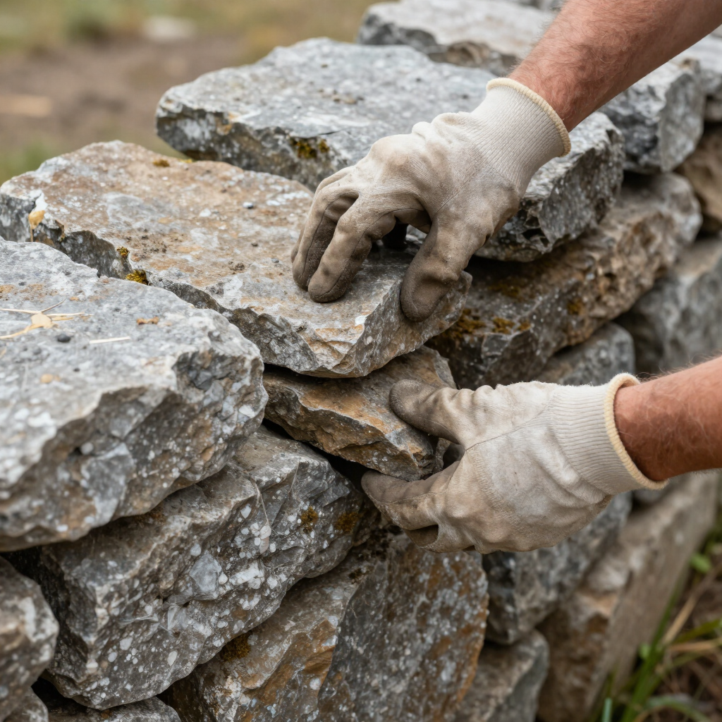 Des mains gantées placent des pierres plates dans un mur de pierres empilées à l'extérieur
