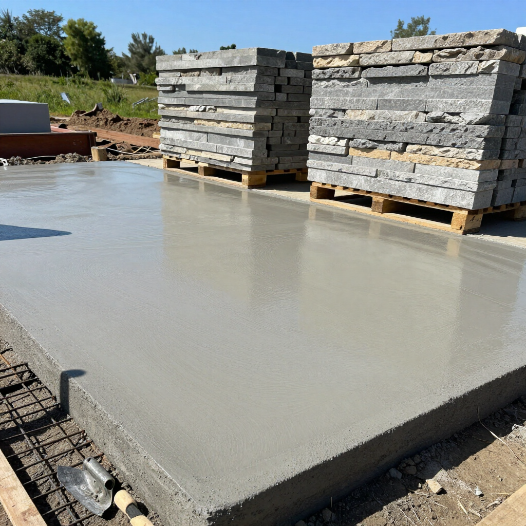 Dalle de béton fraîchement coulée avec pavés empilés sur des palettes sur un chantier de construction.