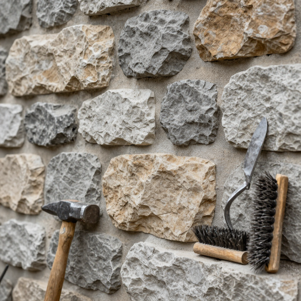 Mur en pierre en construction, avec marteau, truelle et pinceau appuyés contre celui-ci.