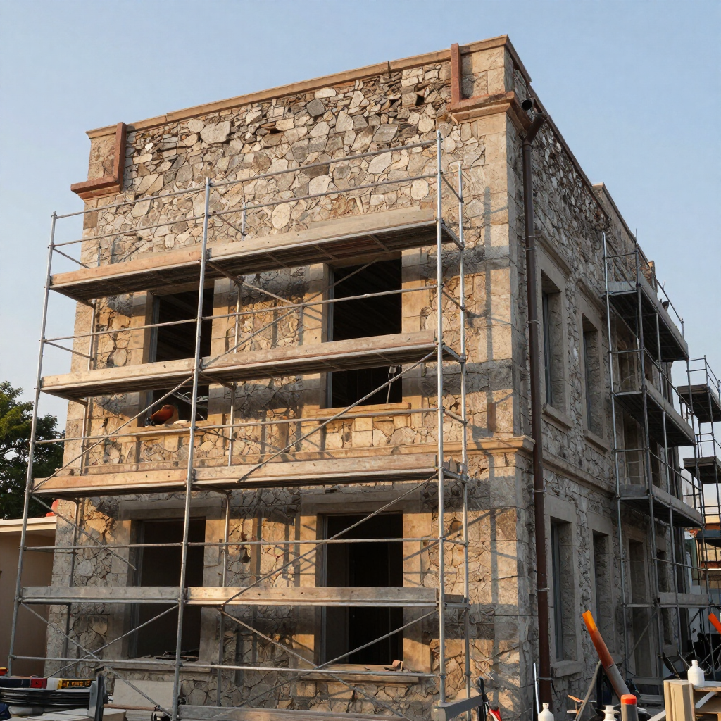 Bâtiment en pierre en cours de rénovation, avec des échafaudages tout autour de l'extérieur.