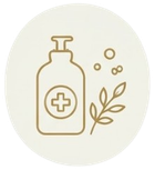 Flacone minimalista beige per prodotti per la cura della pelle con dosatore a pompa, simbolo più, bolle e illustrazione di una foglia.
