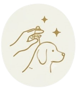 Disegno a tratto di una mano che accarezza un cane con brillantini su uno sfondo circolare chiaro.