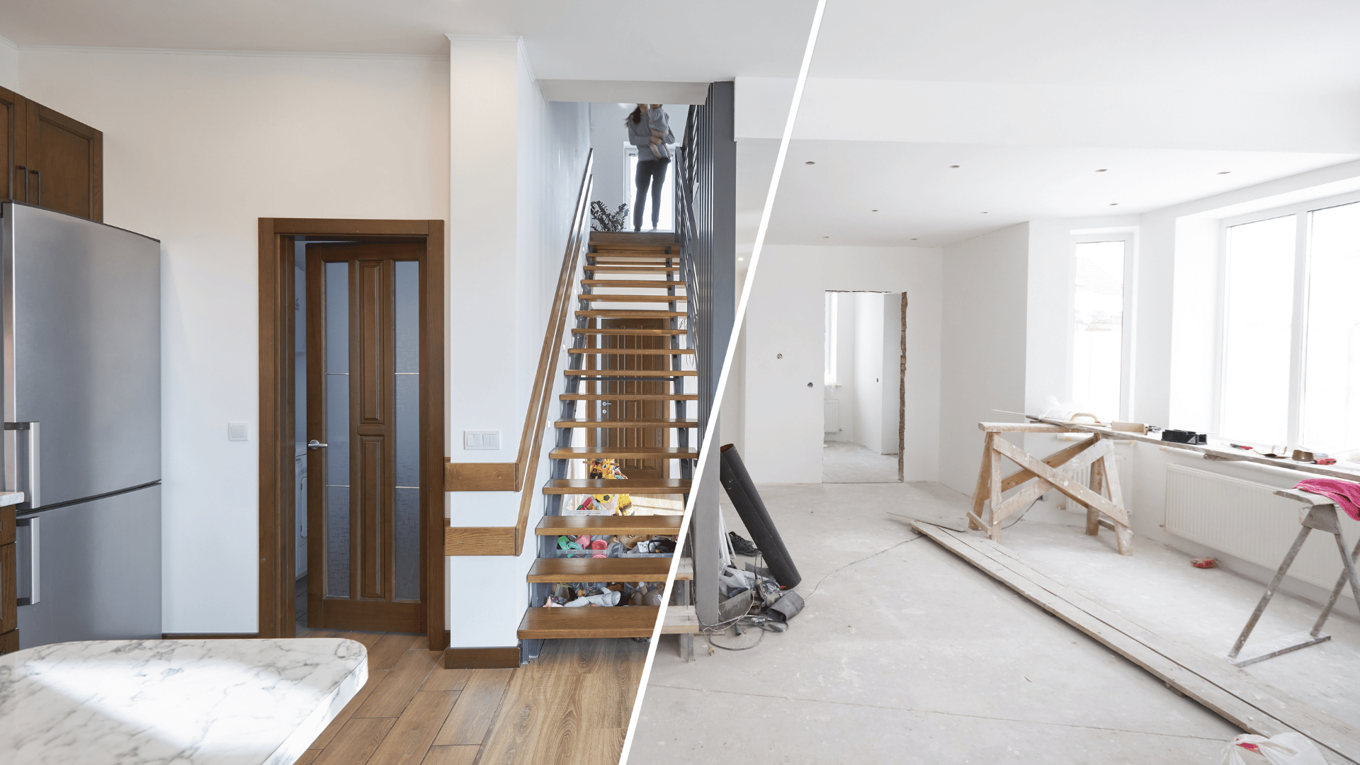A before and after photo of a house under construction.