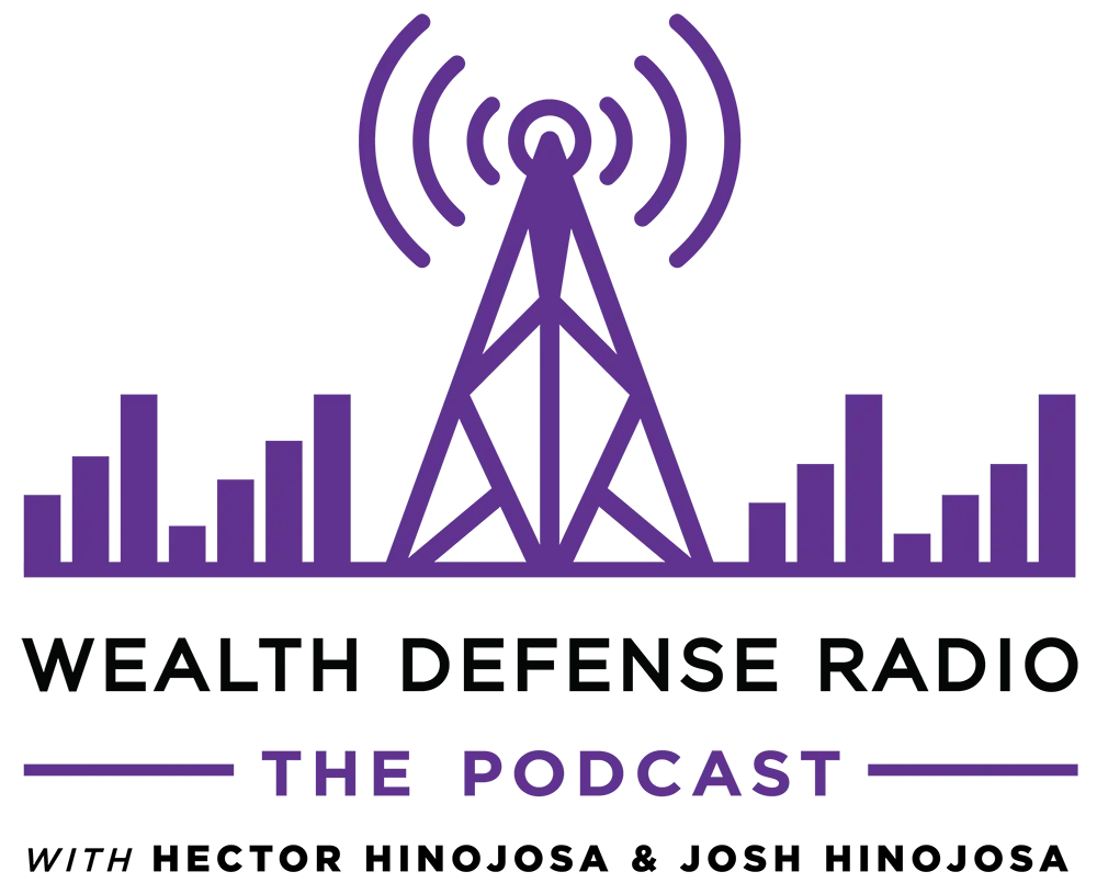 Purple logo for Wealth Defense Radio podcast featuring a radio tower, sound waves, and hosts Hector and Josh Hinojosa.