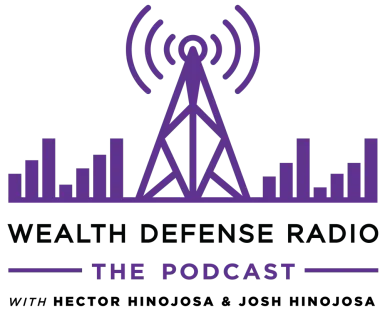 Wealth Defense Radio podcast logo with purple radio tower, signal waves, and text on white background