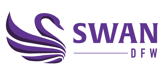 A purple stylized swan logo beside the text