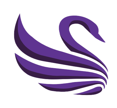 A stylized purple swan logo with layered, sweeping wing feathers against a white background.