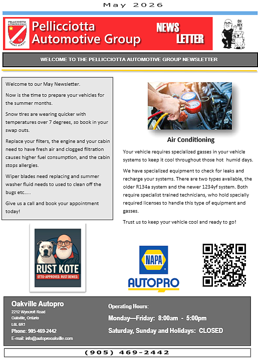 Pellicciotta Automotive Group newsletter: people, text, logos, and QR code, promoting automotive services. | AUTOPRO Oakville