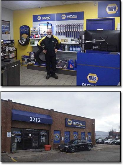 NAPA Auto Parts store interior and exterior. A man stands inside, with products and signage, and the building's exterior | AUTOPRO Oakville