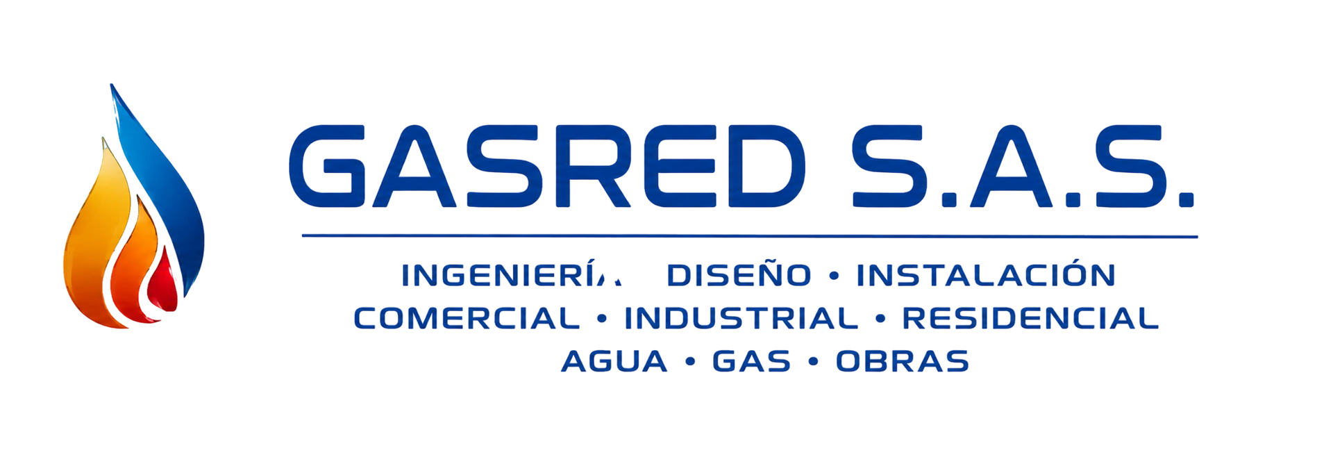 Logo de GASRED S.A.S. con ícono de llama azul y naranja y texto de servicios en azul y gris.