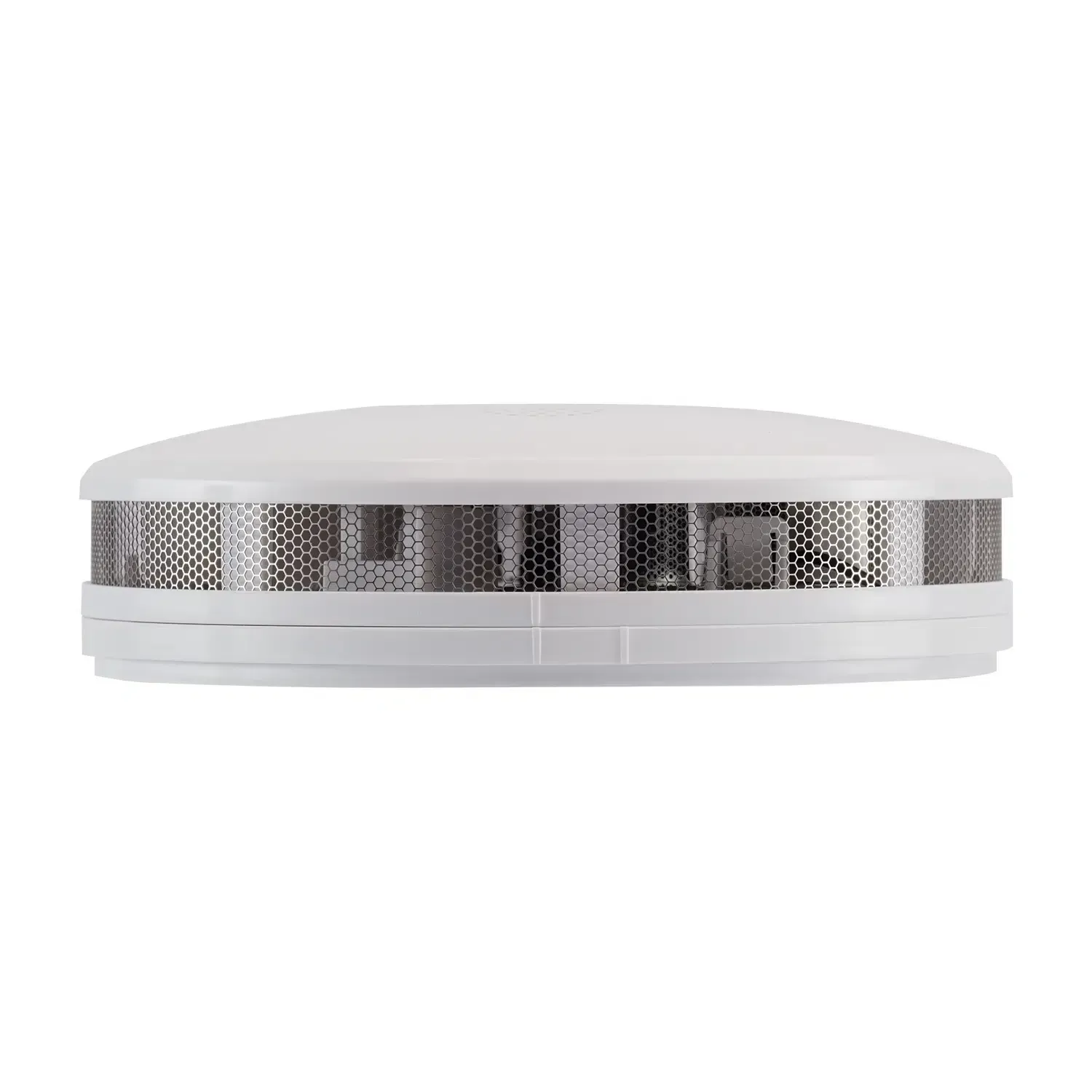 White round ceiling smoke detector with perforated silver band on a plain background — FNQ Smoke Alarms & Maintenance in Goldsborough, QLD