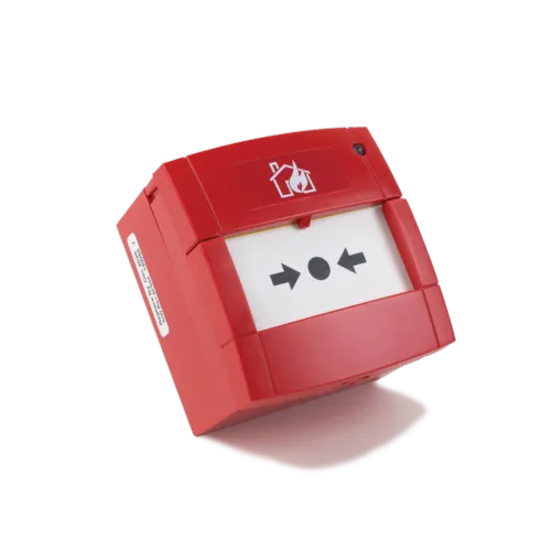 Red Fire Alarm Pull Station With White Center Panel and Arrows — FNQ Smoke Alarms & Maintenance in Goldsborough, QLD