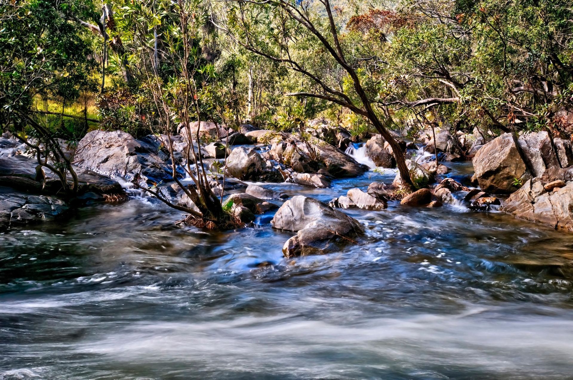 Fast-flowing River Cascades Over Rocks in a Wooded Area — FNQ Smoke Alarms & Maintenance in Mareeba, QLD