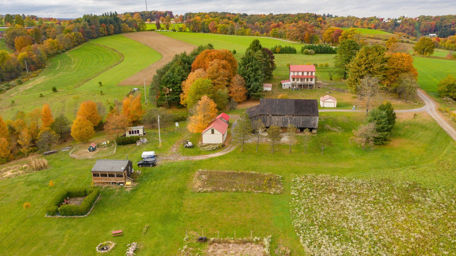 Aerial view of a farm in autumn; fields, trees with fall foliage, and multiple buildings.