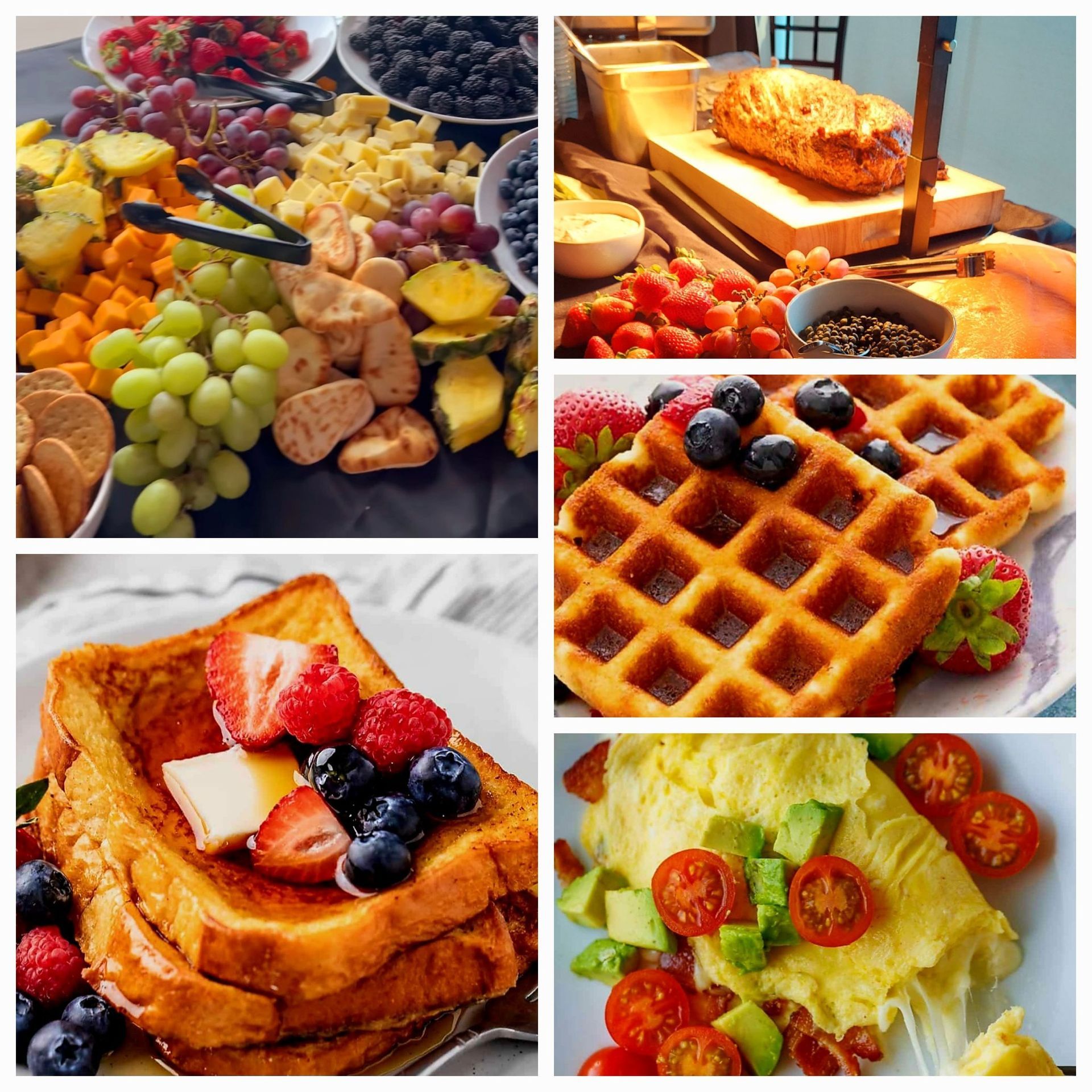 A collage of brunch foods, including a fruit and cheese board, bread, waffles with berries, French toast, and an omelet.
