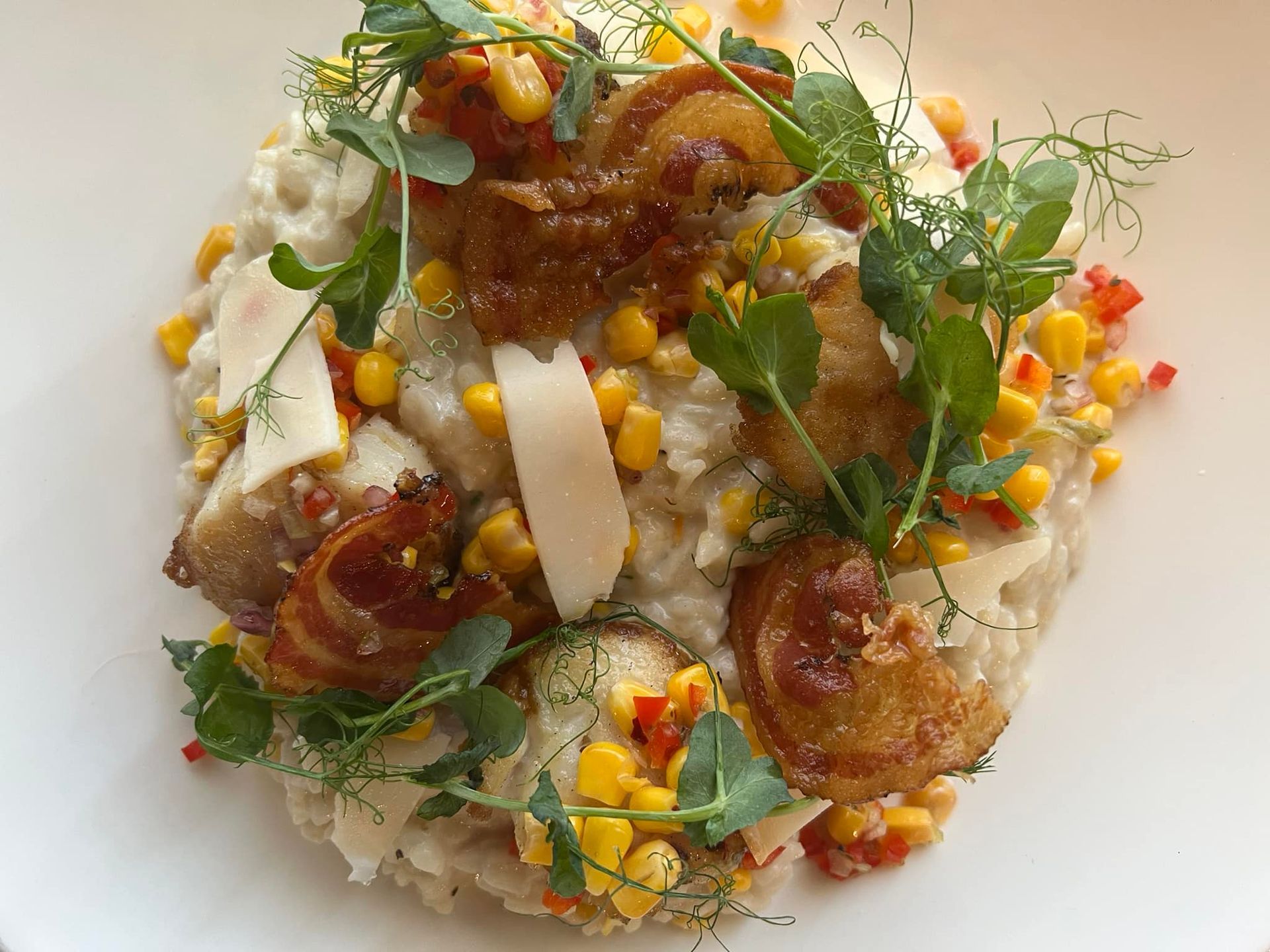 A gourmet risotto dish topped with golden seared scallops, crispy bacon, sweet corn, shaved cheese, and fresh pea shoots.