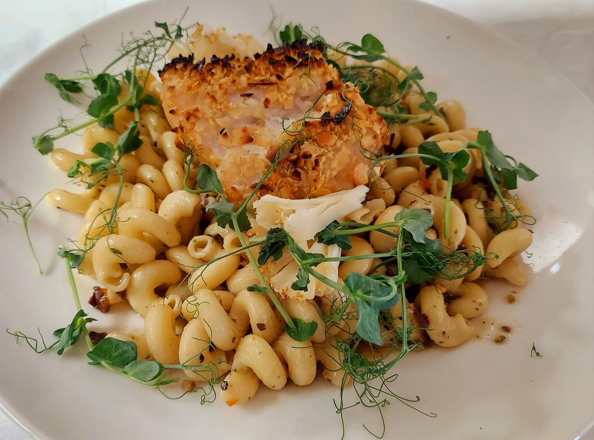 A plated dish of spiral pasta topped with a crispy-crusted fish fillet, garnished with fresh pea shoots.