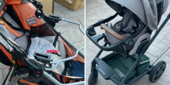 A stroller is sitting on a tiled floor next to a backpack.