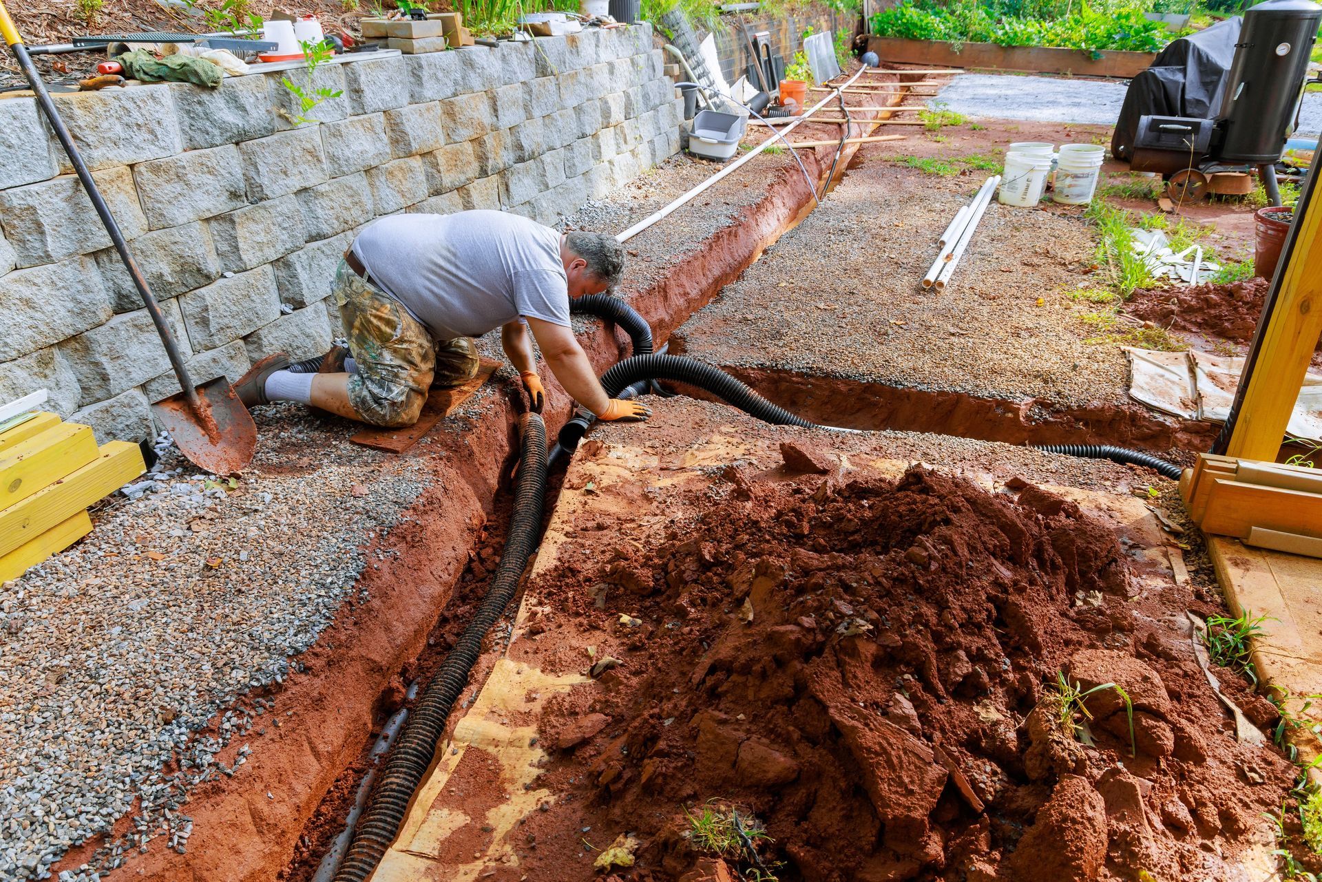 Worker laying black pipes in a trench beside a stone wall at a construction site