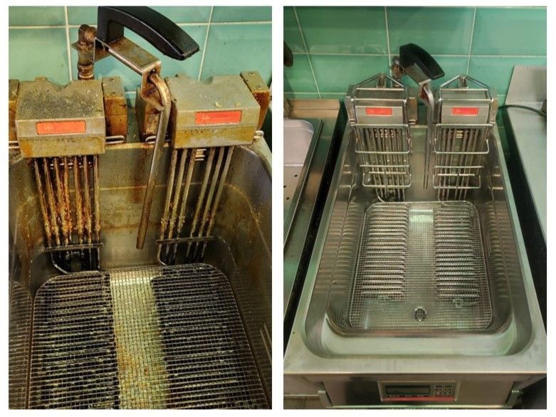 Eine vollkommen verdreckte Fritteuse in einem Imbiss sieht nach unserer Reinigung wieder fast wie neu aus.