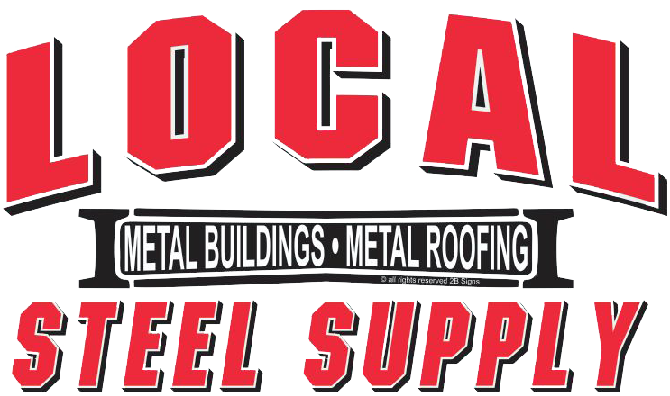 Logo for Local Steel Supply, with red and black text and the words “Metal Buildings + Metal Roofing.”