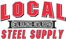 Logo for Local Steel Supply with red and black text and “Metal Buildings Metal Roofing” banner