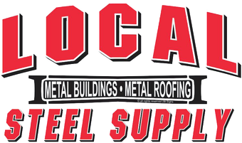 Logo for Local Steel Supply with red and black text and “Metal Buildings Metal Roofing” banner