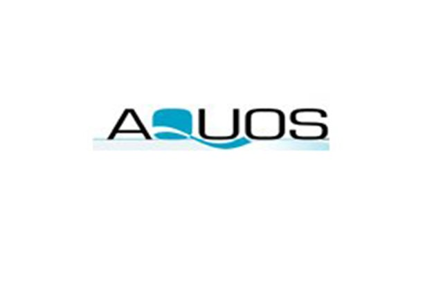 Su uno sfondo bianco è raffigurato il logo di un'azienda chiamata Aquos.