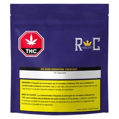 Purple THC cannabis package with red hexagon logo and yellow label text