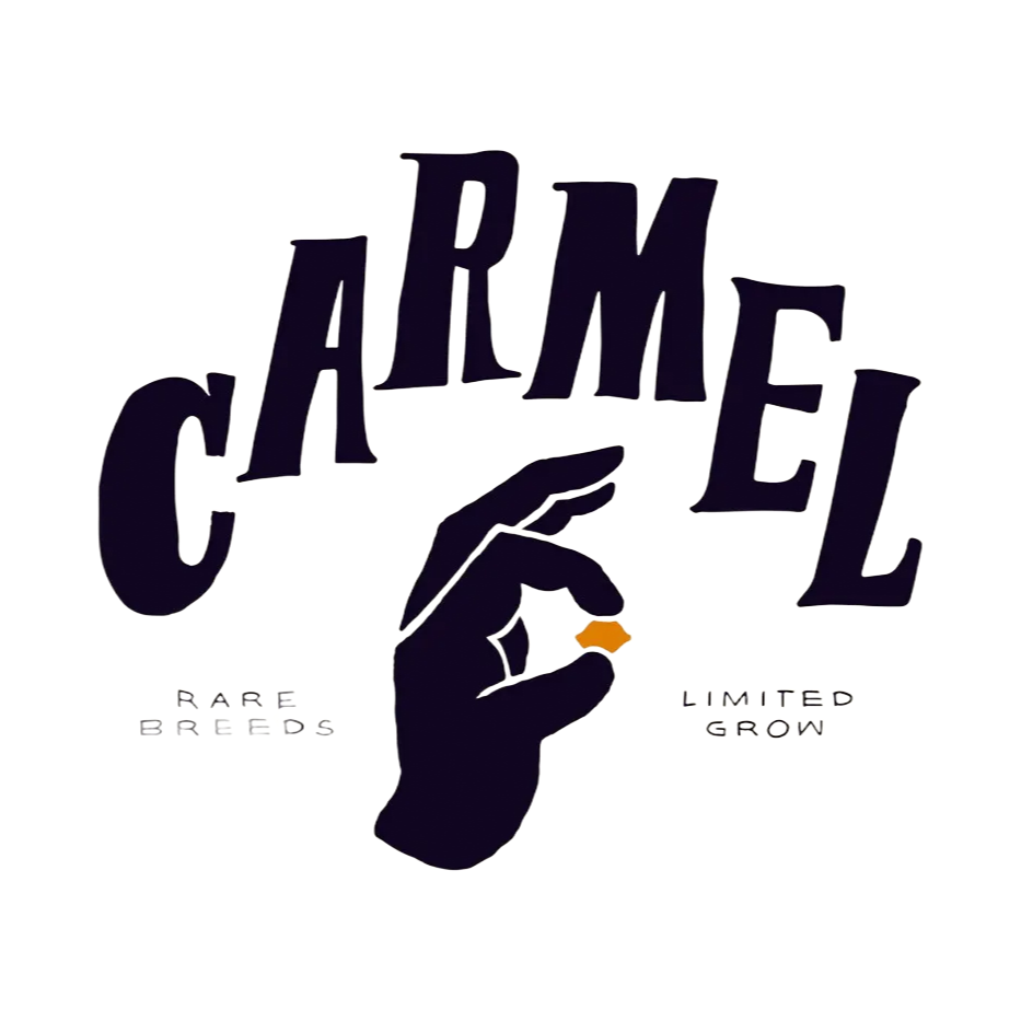 Stylized CARMEL logo with a dark hand silhouette and small text reading “RAAF BAFROD” and “LIMITED GROWN”