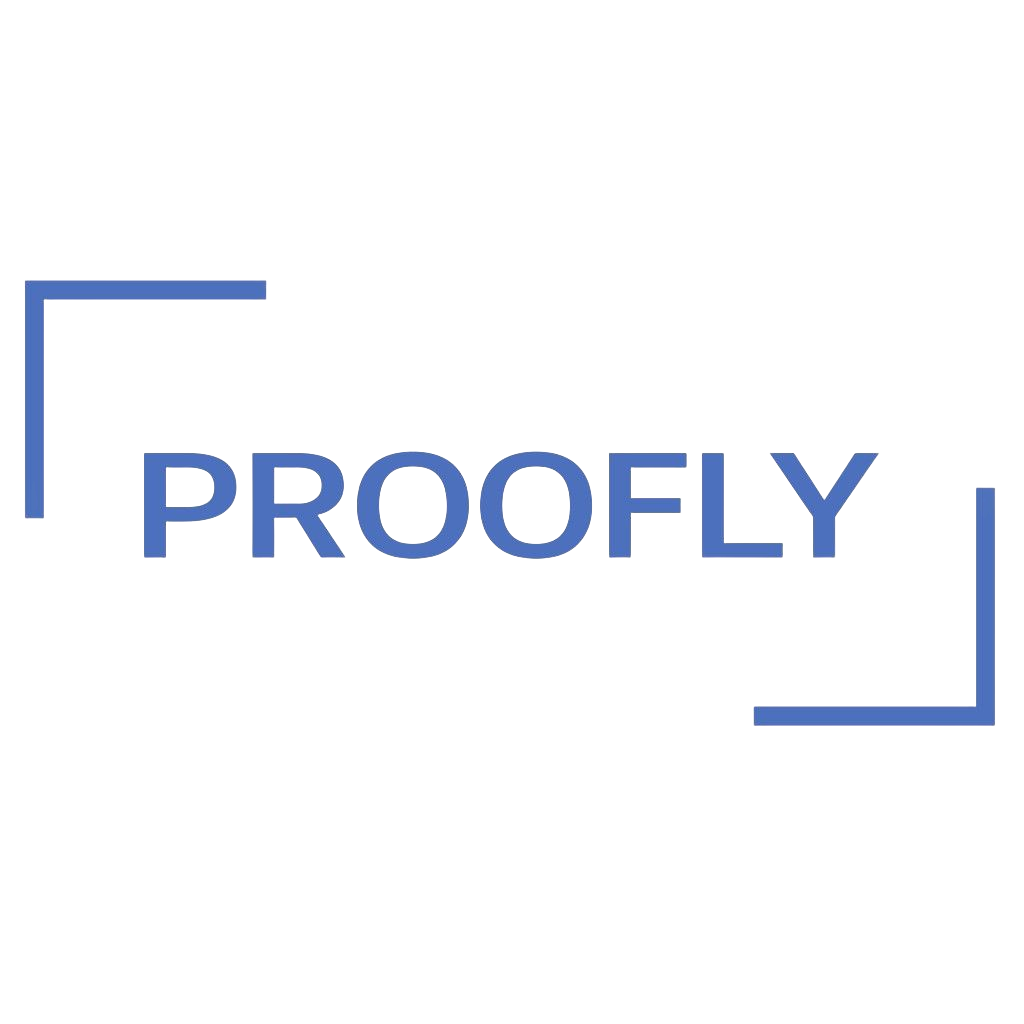 PROOFLY logo in blue with corner brackets on a white background