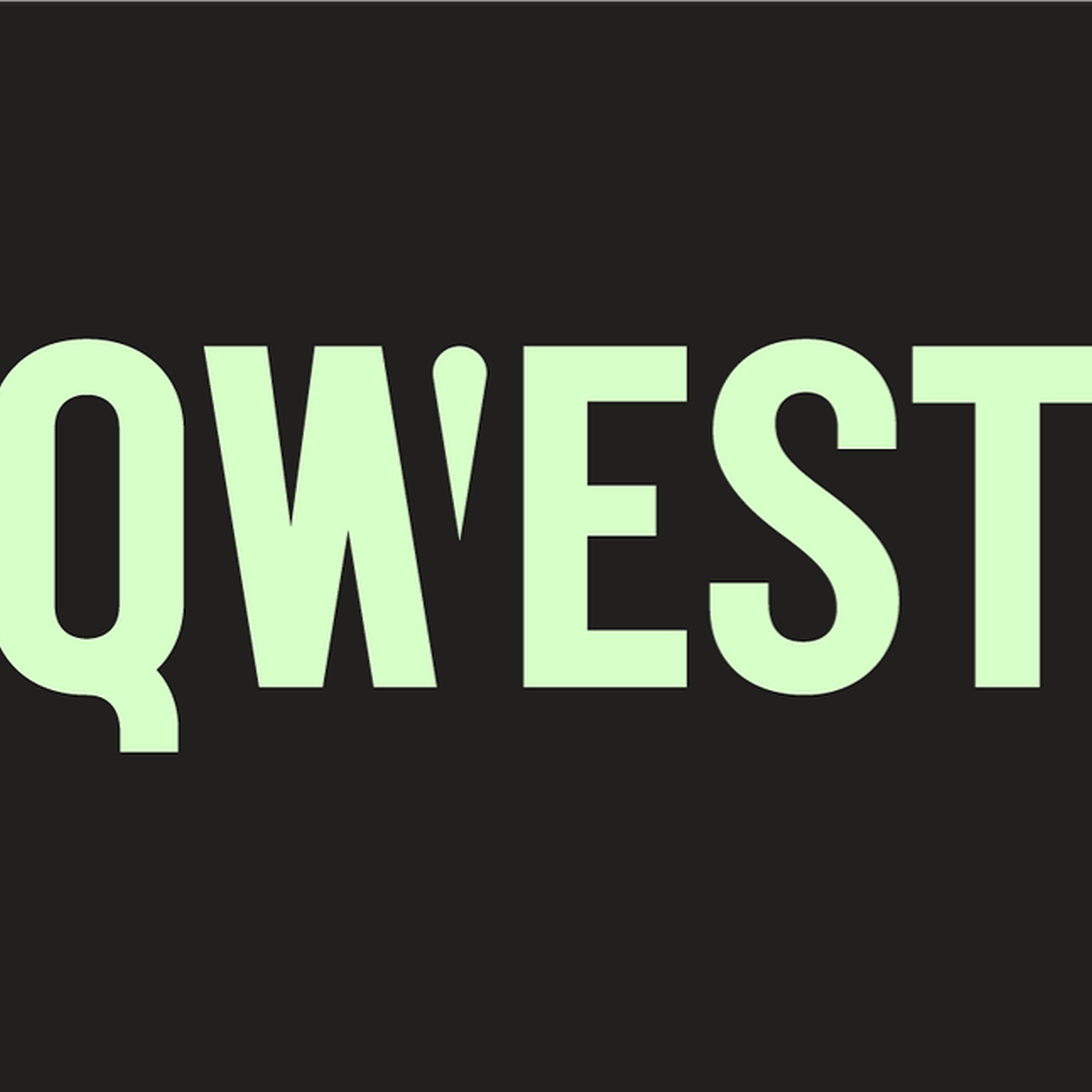 Mint-green “QWEST” text on a dark background