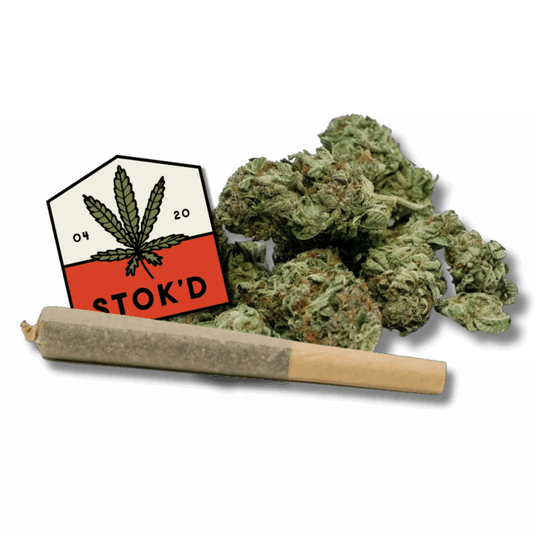Cannabis buds, a rolled joint, and a STOK'D marijuana logo on white background