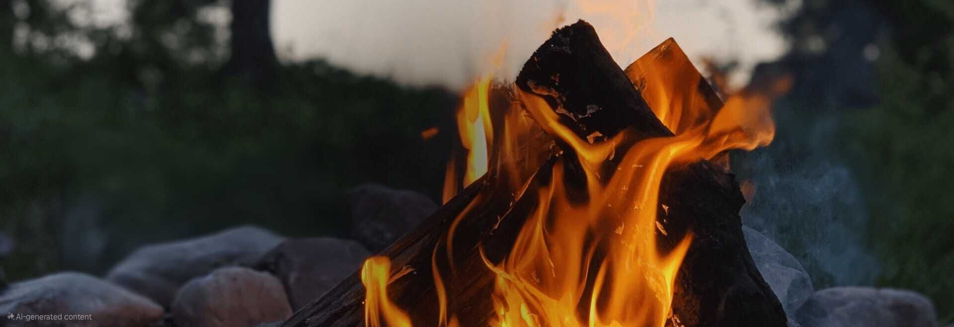 A campfire burning among rocks at dusk, with orange flames against a blurred outdoor background