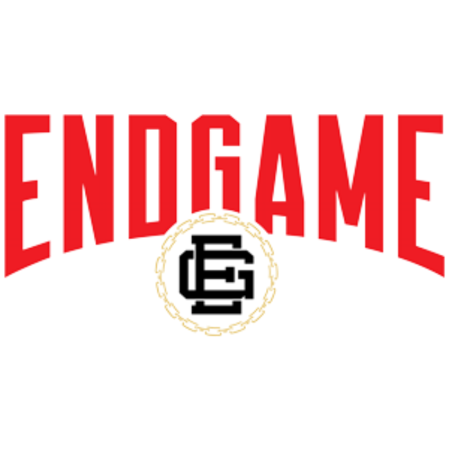 Red ENDGAME text arched over a black monogram inside a gold laurel wreath on white background