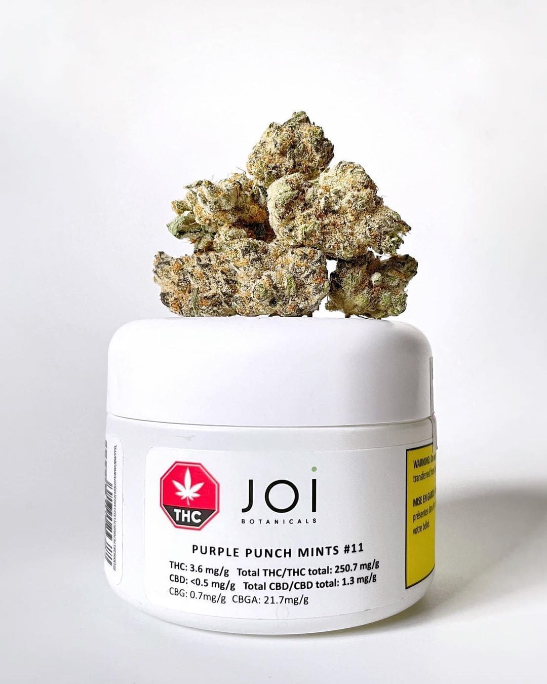 Joi cannabis jar with purple punch buds on top, white label on a light background