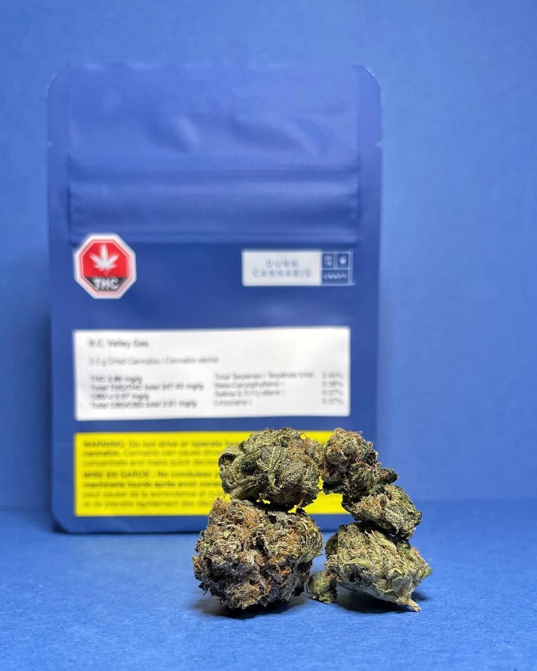 Blue cannabis package behind a close-up of dried buds on a blue background