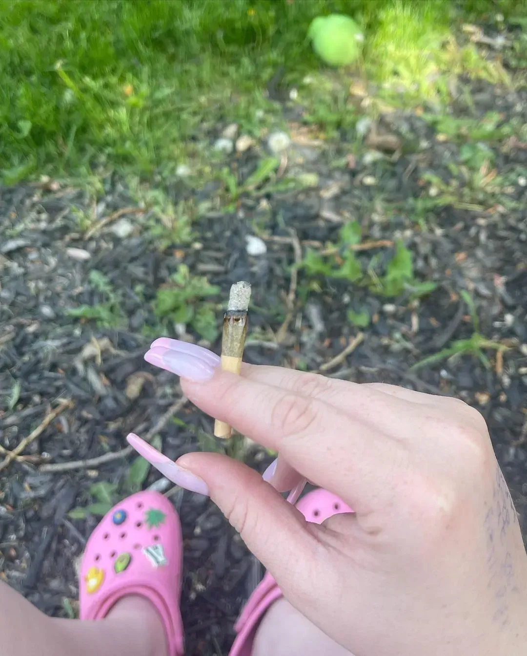 Hand holding a small mushroom over dirt and grass, with pink Crocs visible below.