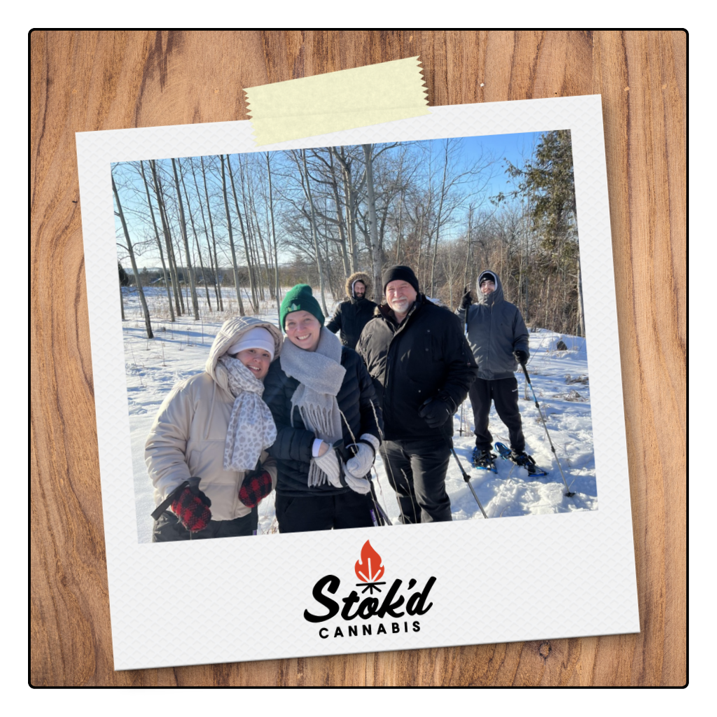 Five people pose smiling in snow at a winter trail, framed on a wood background with Stokd Canteros logo.