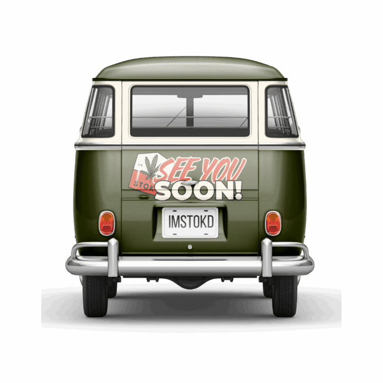 Rear view of an olive-green vintage van with “SEE YOU SOON!” and license plate “IMSTOKD”