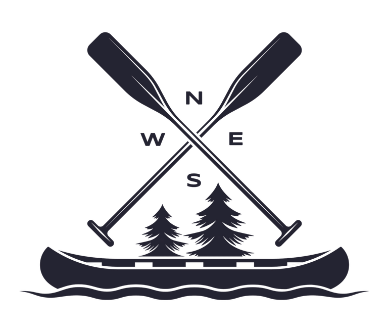 Crossed black oars with compass letters over pine trees and waves, like a canoe club logo