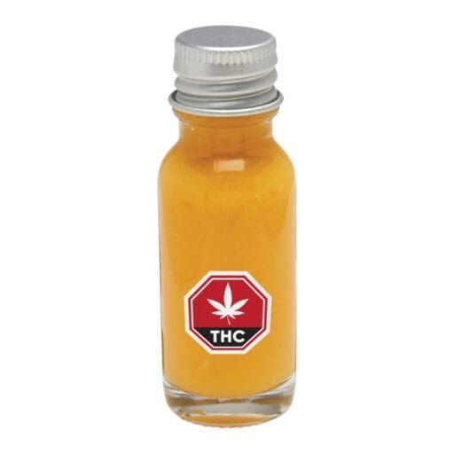 Small bottle of orange liquid with silver cap and THC cannabis label on a white background