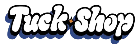 Truck Shop logo in white script with black outline and blue shadow on a light background