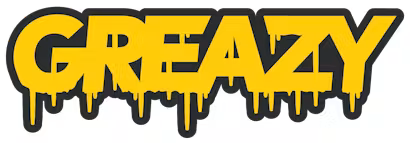 Graffiti-style yellow “GREAZY” text with black dripping outline on white background