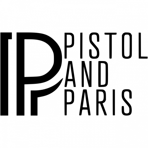 Black and white logo reading “Pistol and Paris” with stylized overlapping P shapes
