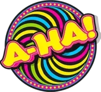 Colorful retro “A-HA!” graphic with neon swirls and bold yellow-pink lettering