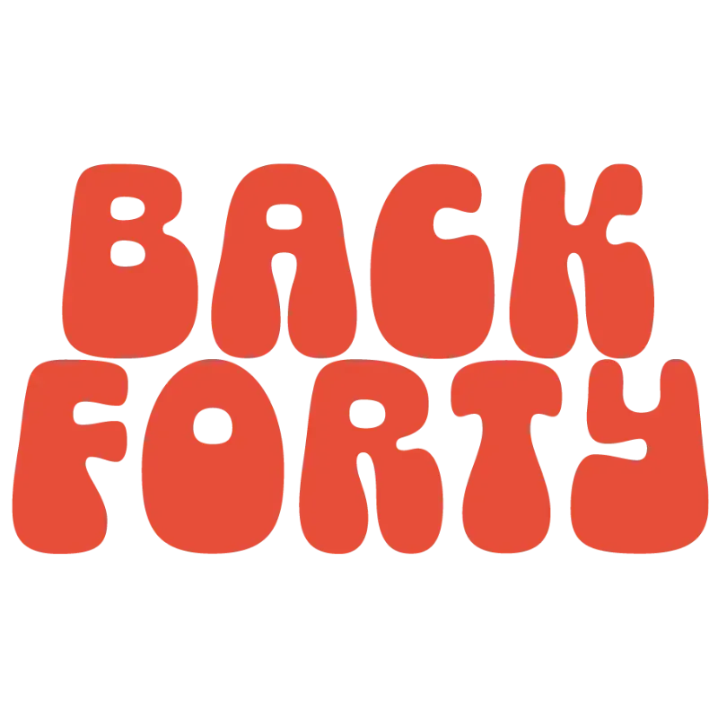 Red retro bubble letters spelling “BACK FORTY” on a white background.
