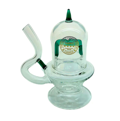 Clear glass smoking cannabis pipe with a dome-shaped chamber and curved glass mouthpiece