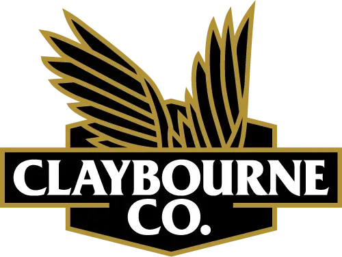 Claybourne Co. logo with gold-and-black wings above bold white text on black background